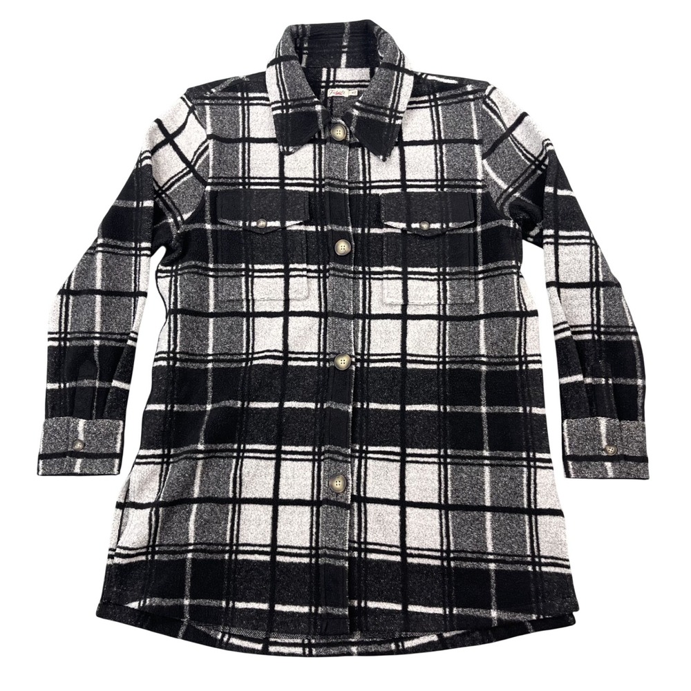 Faherty Womens Medium Holden High Pile Fleece Jacket Shacket Black Plaid Button
